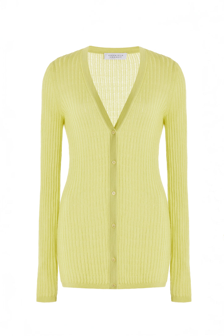Emma Pointelle Knit Cardigan in Lime Adamite Cashmere Silk