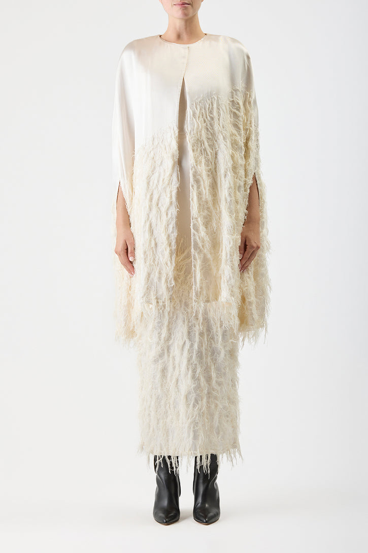 Pauli Feather Cape in Ivory Silk Satin