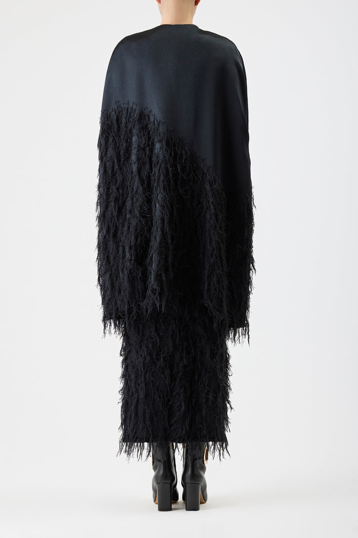 Pauli Feather Cape in Black Silk Satin