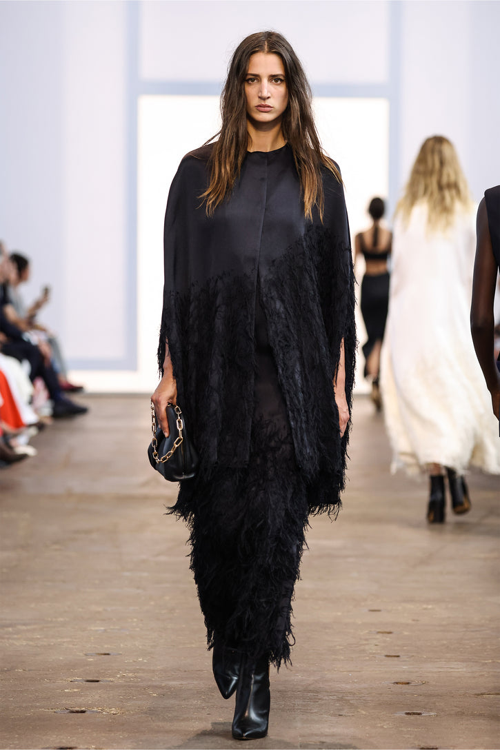 Pauli Feather Cape in Black Silk Satin